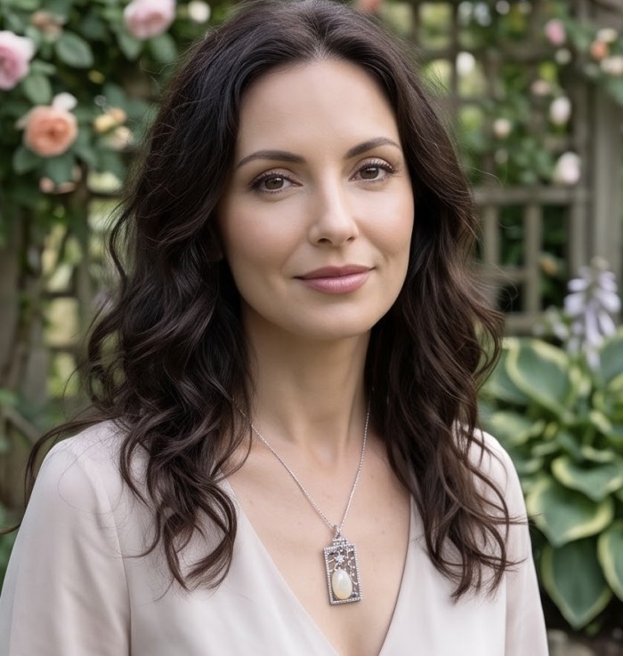Genuine 7.2 carat Fire Moonstone rhodium over .925 Sterling Silver handcrafted pendant - Woman wearing Fire Moonstone necklace in garden setting.