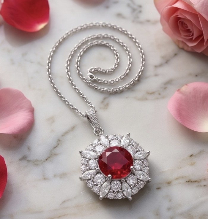 Genuine 3.8 carat Ruby rhodium over .925 Sterling Silver handcrafted Statement Pendant - Ruby pendant with diamonds on chain, top view on marble with roses.