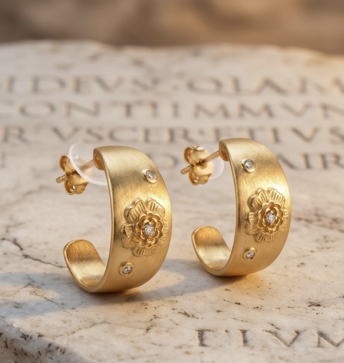 Dubai Style - .925 Sterling Silver dipped in 22K Gold handmade Earrings - Gold hoops with floral engravings on stone background, side view