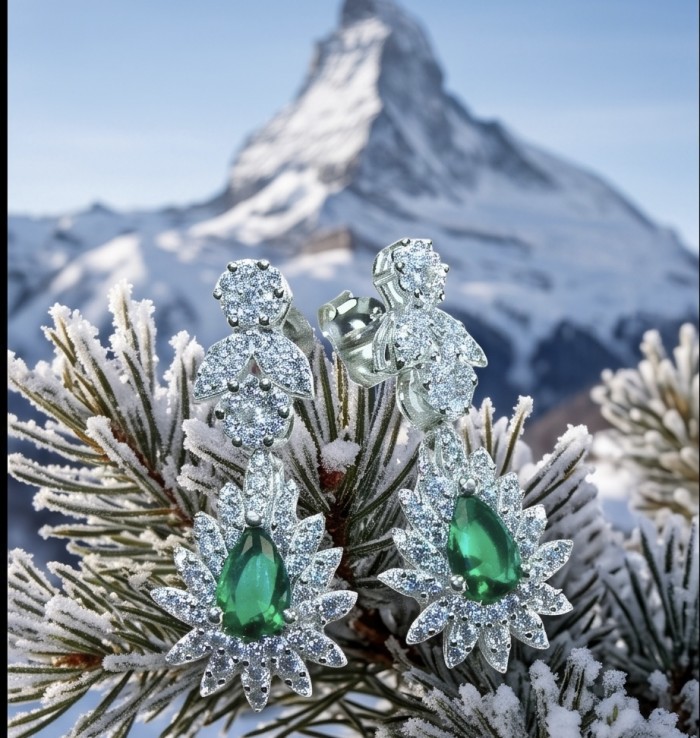 Estelle - Authentic 3.9 carat COLOMBIAN EMERALD rhodium over .925 Sterling Silver handcrafted earrings - Close-up of Estelle earrings with Colombian emerald and rhodium in snow.