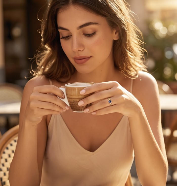 Scarlett 0.7 ctw Mozambique Ruby .925 Sterling Silver handcrafted Statement Ring size 8 - Woman with ring holding coffee, focus on ruby ring on right hand.