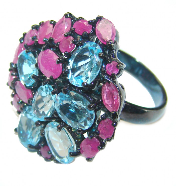 Blue Mystery 19.8 carat oval cut Swiss Blue Topaz black rhodium over .925 Sterling Silver handmade Ring size 7 1/2 - photo 1
