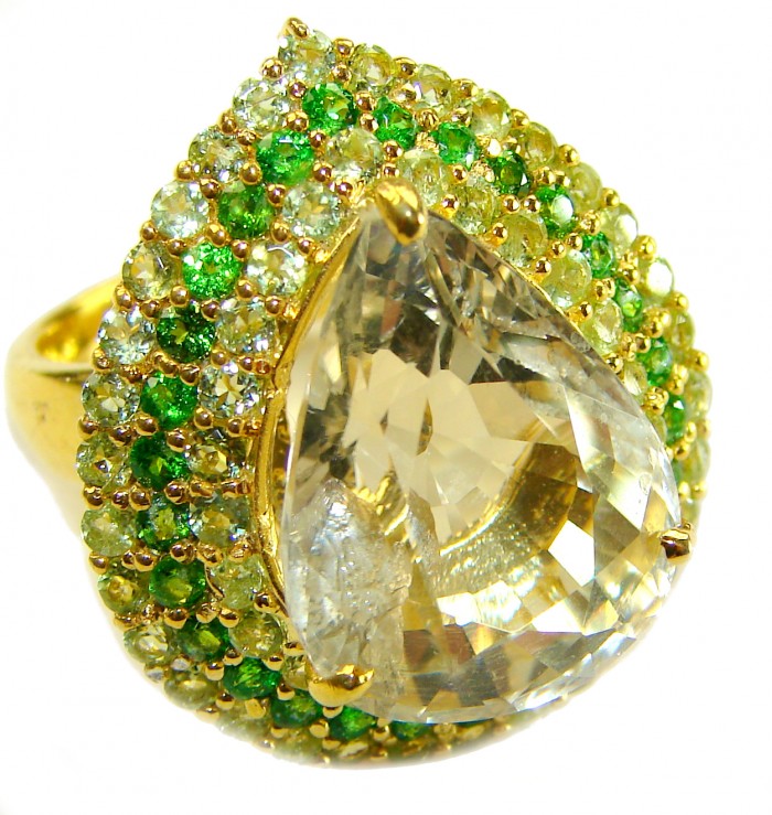 Golden Treasure 18.5 carat Citrine .925 Sterling Silver dipped in 14K Gold Handcrafted Huge Ring size 7 - Stone close-up of Golden Treasure citrine ring with green gemstones