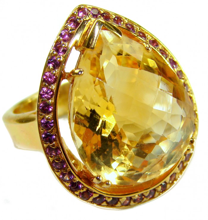 Vivien - Natural 25.8 carat pear cut BRAZILIAN Citrine .925 Sterling Silver dipped in 22K Gold handmade Statement Ring size 7 1/4 - Close-up of Vivien ring with 25.8 carat Brazilian citrine stone.