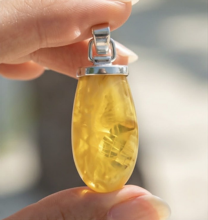Sea Treasure Prehistoric Authentic Butterscotch Baltic Amber .925 Sterling Silver beautifully handcrafted Pendant - Close-up of butterscotch Baltic amber pendant held between fingers.