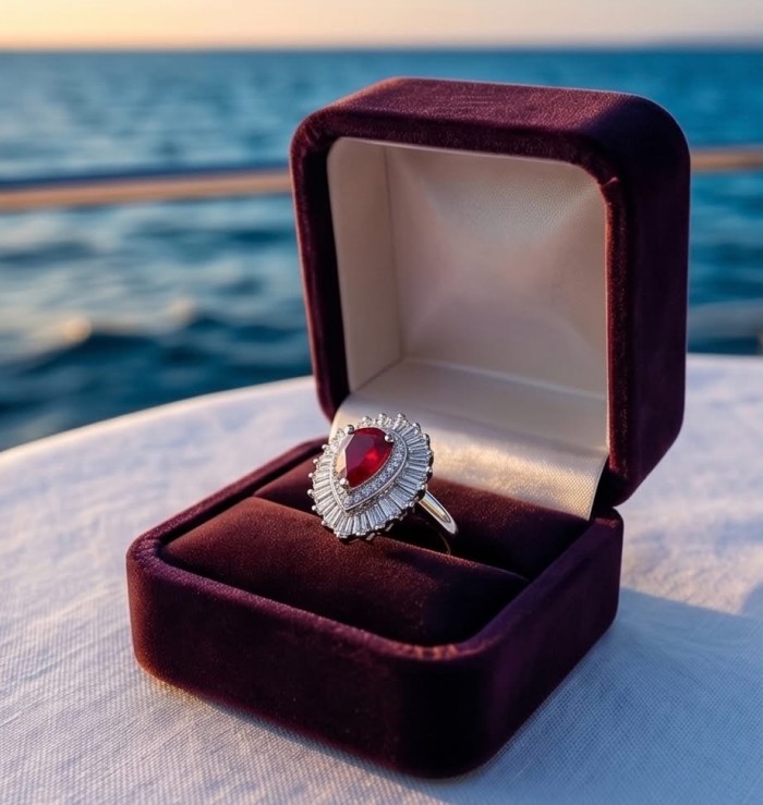 Magnificent Jewel 4.4 carat Ruby .925 Sterling Silver handcrafted incredible ring s. 7 - Ruby ring in velvet box, ocean backdrop, close-up view