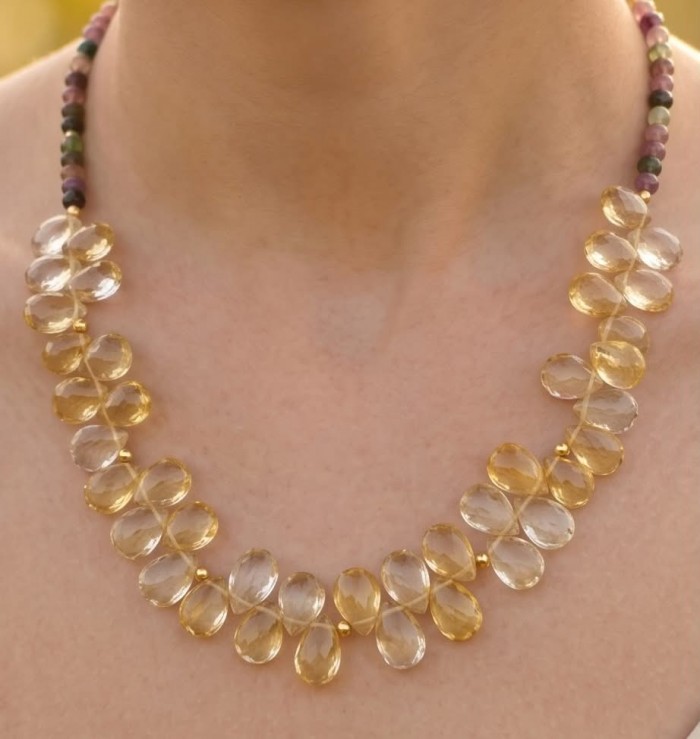 Francesca - briolette cut 45.2 carat Natural Brazilian Citrine Amethyst TOURMALINE .925 Sterling Silver dipped in 14K Gold handcrafted necklace - Worn necklace close-up of briolette cut Brazilian Citrine stones.