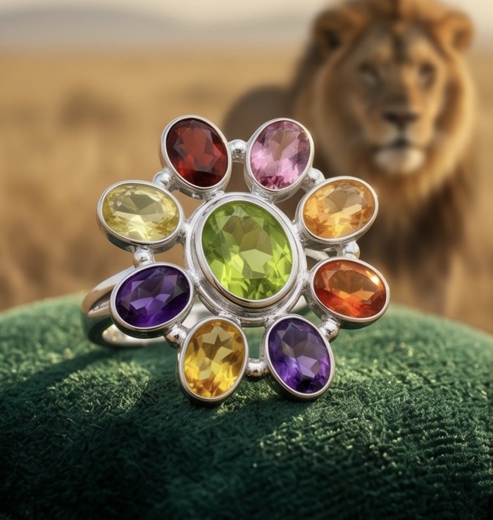 Flower 12.8 carat Authentic Topaz .925 Sterling Silver handcrafted Large ring size 8 1/4 - Close-up of gemstone flower ring with lion in background