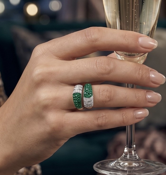 Green Passion mystery setting 7.2 CARAT genuine Emerald .925 Sterling Silver handcrafted ring size 7 - Emerald ring with diamond accents worn on hand holding champagne glass.