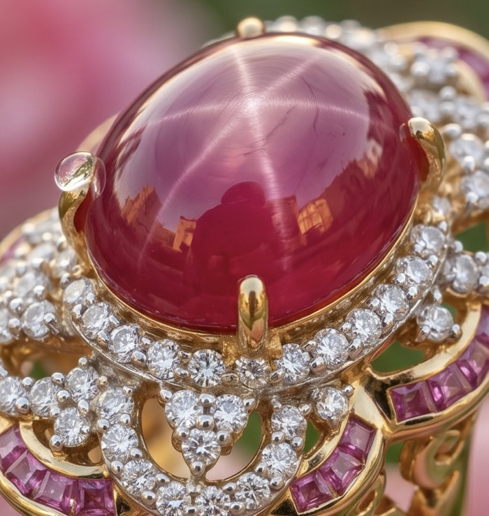 Empress 28.6 ctw Mozambique Star Ruby .925 Sterling Silver dipped in 22K Gold handcrafted Statement Ring size 7 - Close-up of Empress Mozambique Star Ruby with diamond accents.