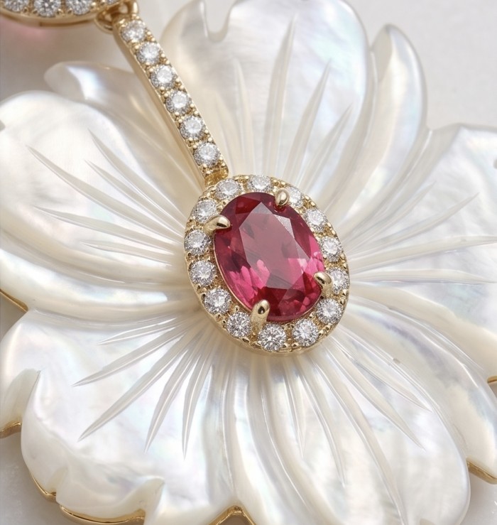 Summer Flowers Blister Pearl Red Topaz 14K Gold over .925 Sterling Silver handcrafted Earrings - Close-up of red topaz in gold setting on a carved pearl background.