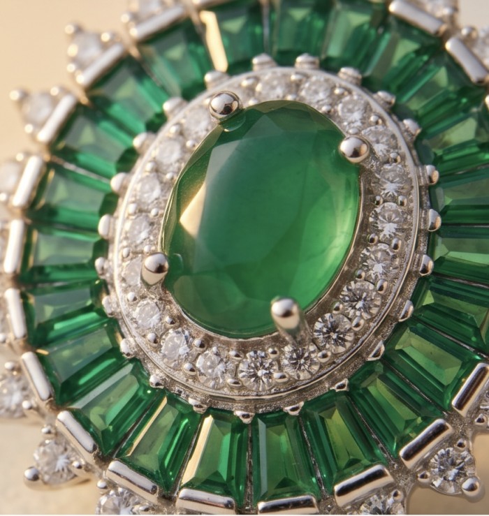 Art deco - Natural 2.8 carat Colombian Emerald .925 Sterling Silver Handcrafted Earrings - Stone close-up of Art Deco Colombian emerald with diamonds.