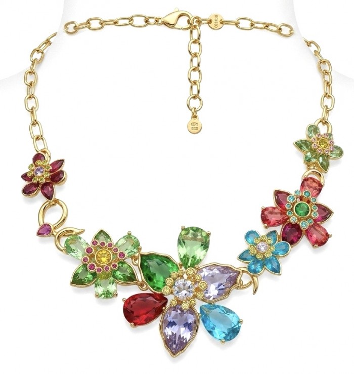 55.2 carat Blooming Garden Natural multicolot Topaz 14k Gold over .925 Sterling Silver handcrafted Statement necklace - Colorful floral necklace with gemstones, front view, on display mannequin.