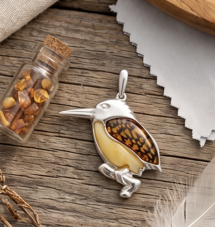 Summer Bird Amber .925 Sterling Silver handmade Pendant - Pendant with amber accents on wood surface, side view.