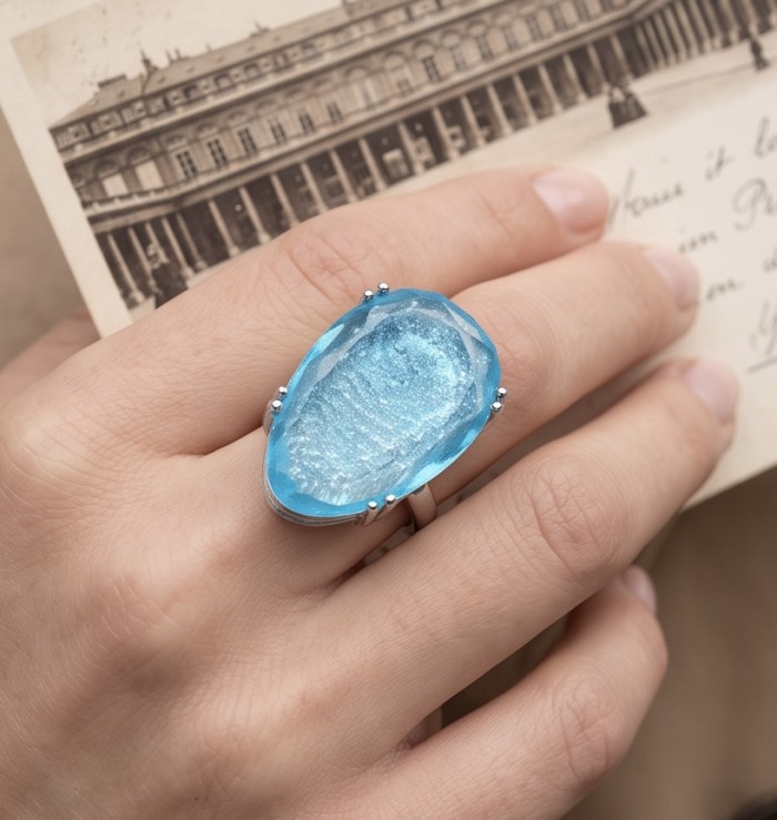 Massive Deep Blue 21.8 carat Aquamarine .925 Sterling Silver handcrafted ring size 7 1/4 - Aquamarine ring worn on hand, showcasing deep blue gemstone.