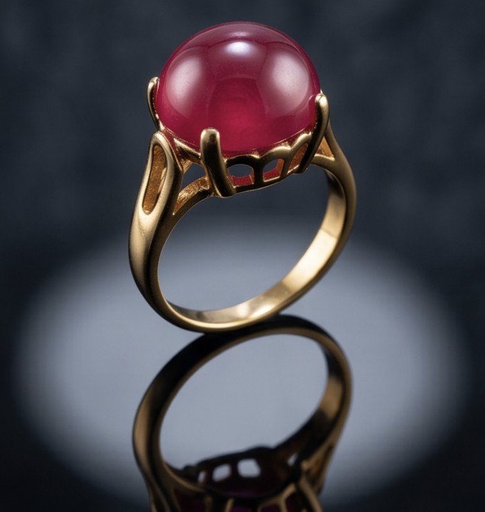 Giovanna 9.7 carat Kashmir Ruby .925 Sterling Silver dipped in 22K Gold handmade Statement Ring size 6 1/4 - Side view of Giovanna 9.7 carat Kashmir Ruby ring in sterling silver.