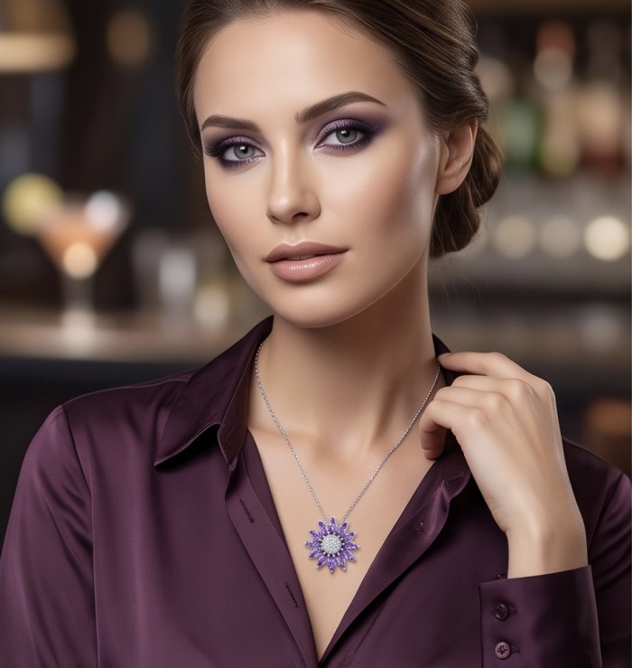 Authentic 4.5 carat Brazilian Amethyst rhodium over .925 Sterling Silver handcrafted Statement Pendant - Woman wearing amethyst pendant on purple blouse in elegant setting