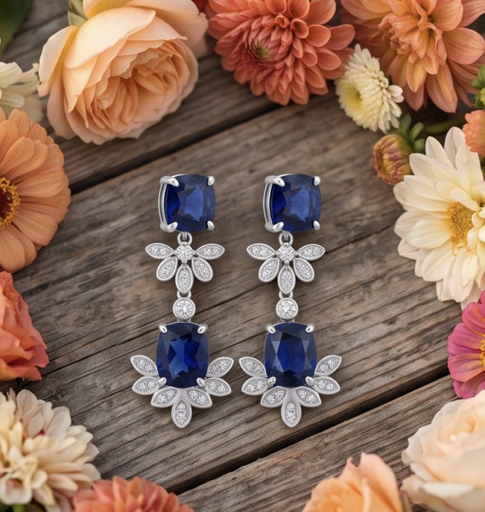 Vintage style - Giovanna - 6.8 carat Sapphire .925 Sterling Silver handcrafted earrings - Top view of vintage style sapphire earrings with floral detail.