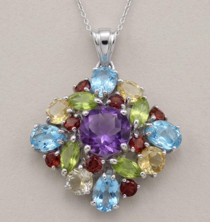 Divine Protection 15.8 carat Precious Amethyst .925 Sterling Silver dipped in rhodium handcarfted Pendant - Colorful gemstone pendant front view, centered amethyst, silver setting.