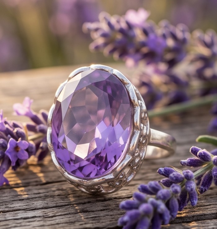 Top quality 14.4 carat Amethyst .925 Sterling Silver dipped in rhodium Handcrafted Ring size 7 - Amethyst ring in sterling silver surrounded by lavender flowers.