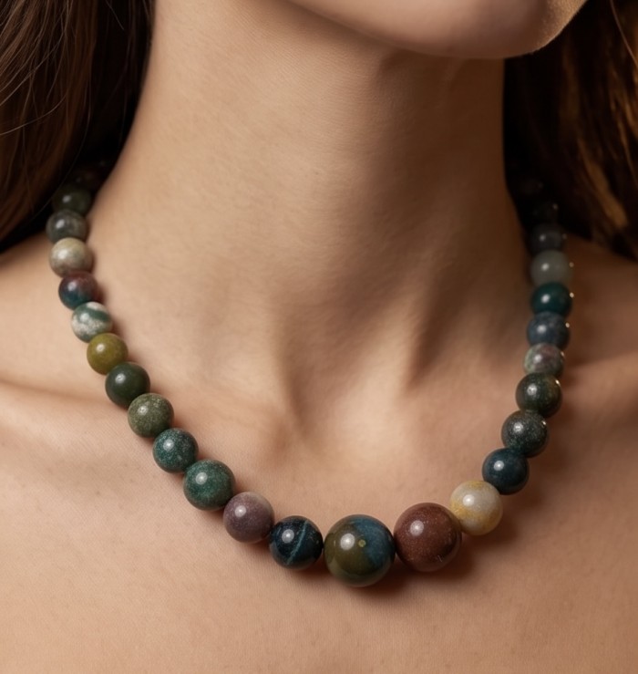Bohemian Style natural Jasper .925 Sterling Silver handmade necklace - Necklace close-up, Bohemian style jasper beads on model's neck.