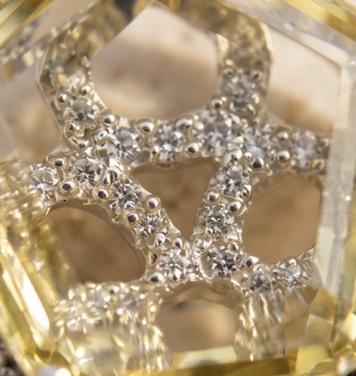 SunRise 10.8 carat Lemon Quartz rhodium over .925 Sterling Silver handcrafted Statement pendant - Close-up of SunRise Lemon Quartz with diamond detailing.