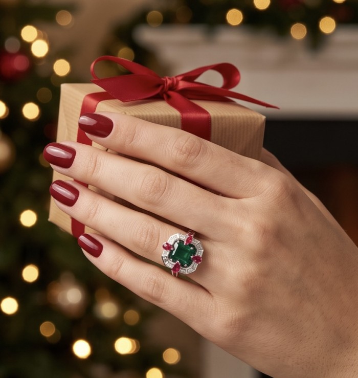 Art Deco 8.6 ctw Emerald .925 Sterling Silver handcrafted Statement Ring size 7 1/4 - Hand with Art Deco emerald ring holding a gift, festive background.