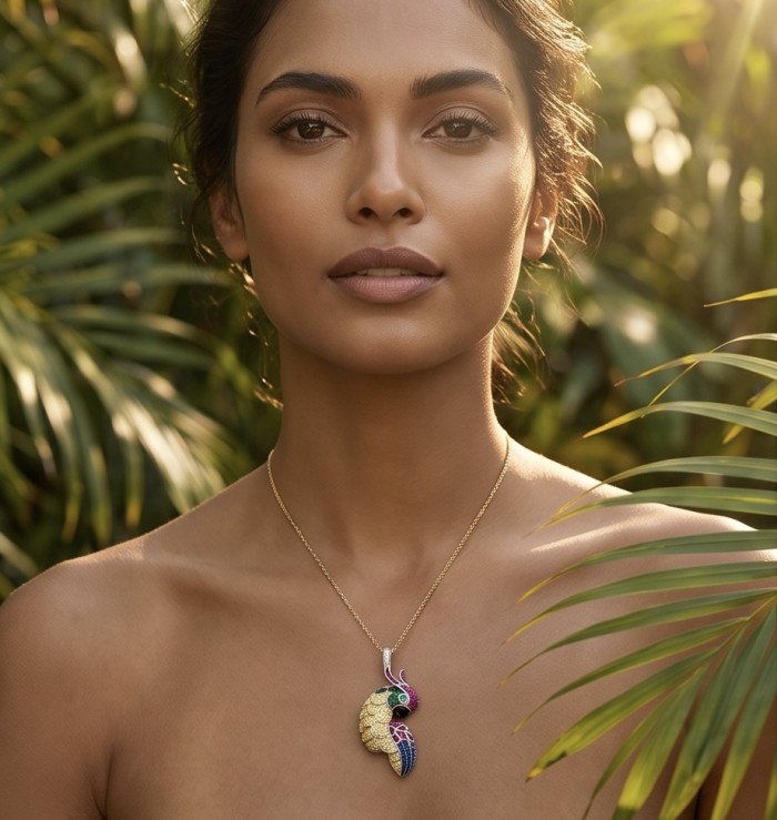 Exotic Parrot - 10.5 carat Ruby Emerald Sapphire 22K Gold over .925 Sterling Silver rhodium over handcrafted pendant - Woman wearing Exotic Parrot necklace in a lush tropical setting.