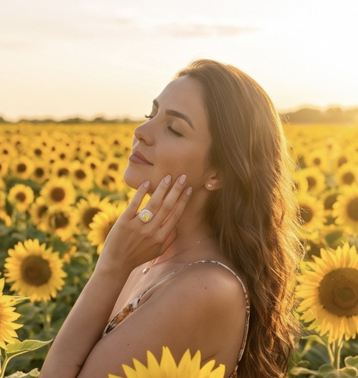Solid asscher cut 25.8 carat Genuine Yellow Sapphire .925 Sterling Silver handcrafted ring size 6 - Woman wearing solid asscher cut yellow sapphire ring in sunflower field.
