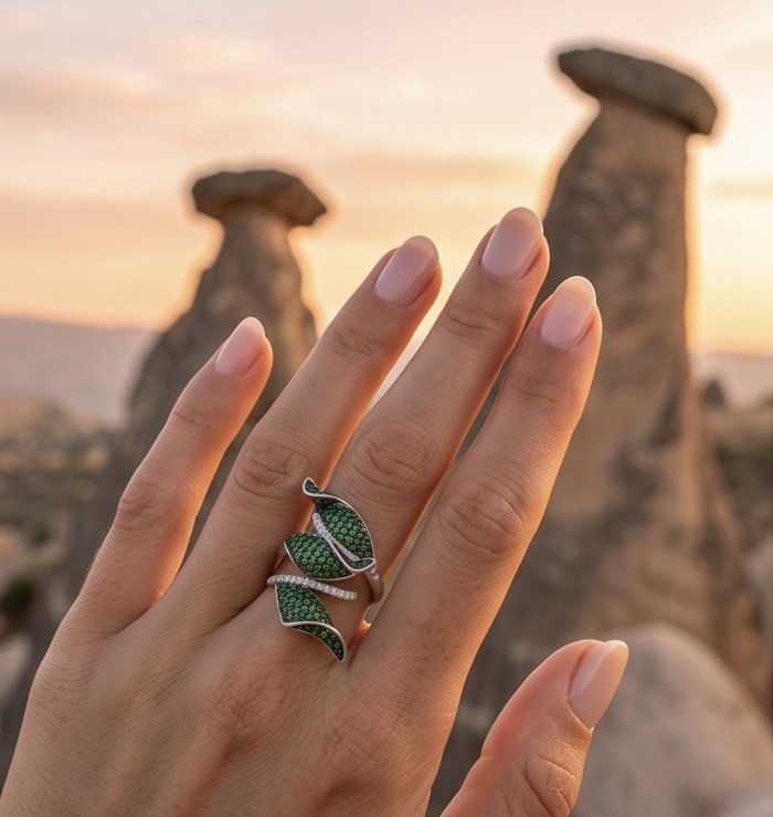 Precious pave authentic 10.2 carat Emerald .925 Sterling Silver Ring size 7 - Emerald pave ring worn on hand, with scenic rock formations in background.