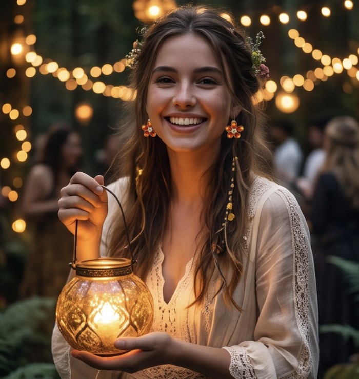 Wonderful natural Buttescotch Baltic Amber .925 Sterling Silver entirely handcrafted earrings - Woman wearing earrings, holding lantern at night festival.