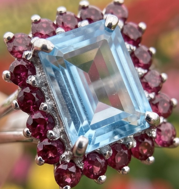 Atlantica 5.8 carat Swiss Blue Topaz .925 Sterling Silver dipped in rhodium handcrafted ring size 8 - Close-up of Atlantica Swiss Blue Topaz ring with red stones.