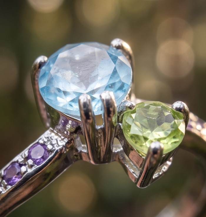 Pacifica 1.8 carat Swiss Blue Topaz .925 Sterling Silver handcrafted ring size 7 - Close-up of blue topaz and peridot stones on sterling silver ring.