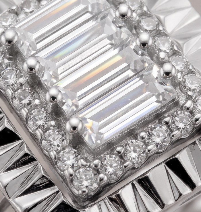 Art Deco Luxurious 6.5 carat White Topaz rhodium over .925 Sterling Silver ring size 6 1/4 - Close-up of Art Deco 6.5 carat white topaz and diamond setting.