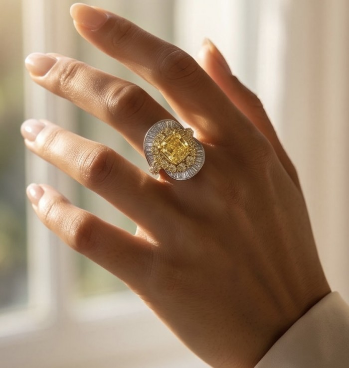 Wearable Art - Art Deco - Solid 25.8 carat Genuine Yellow Sapphire .925 Sterling Silver handcrafted ring size 7 1/4 - Art Deco yellow gemstone ring, worn on hand, bright light setting