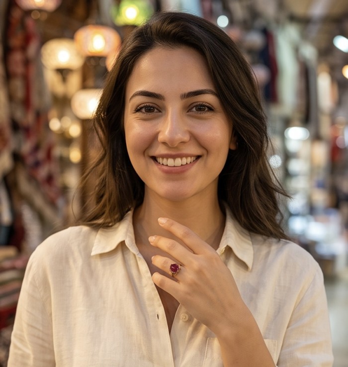 Scarlett 10.7 ctw Mozambique Ruby .925 Sterling Silver DIPPED IN 18k GOLD handcrafted Statement Ring size 6 - Ruby ring worn on hand, smiling woman in background.