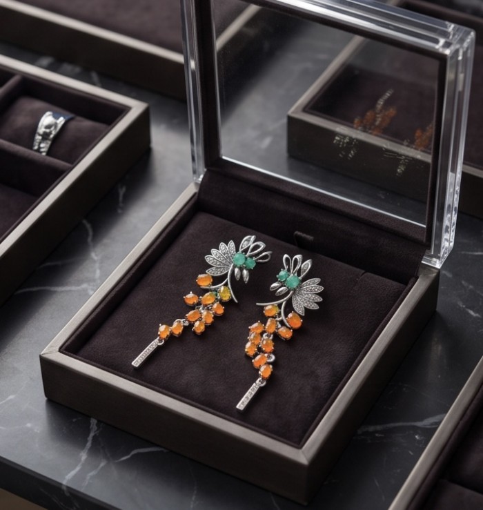 Valentina 5.9 carat Natural Orange Opal rhodium over .925 Sterling Silver handcrafted earrings - Exquisite earrings in box, front view showcasing orange opals and design