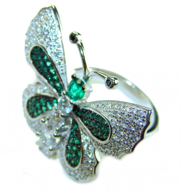 Precious Butterfly Genuine 10.5 carat Emerald .925 Sterling Silver handmade Statement Ring size 6 1/4 - Butterfly ring close-up, showcasing emerald stones and sterling silver.