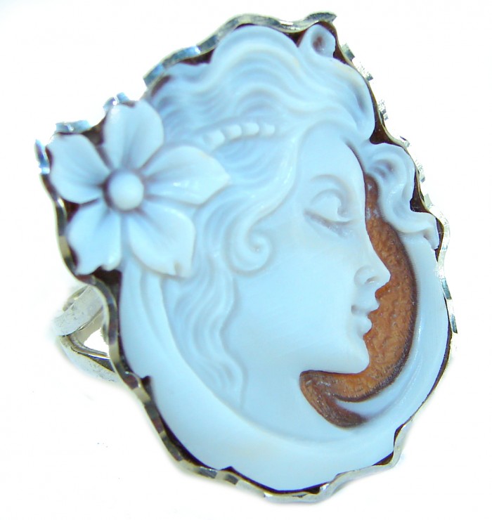 Italy made Exquisite real Cameo from Sea Shell 18K Gold over .925 Sterling Silver handcrafted Statement ring; s. 7 ADJUSTABLE - Side view of Italian cameo ring, sea shell design, 18K gold setting.