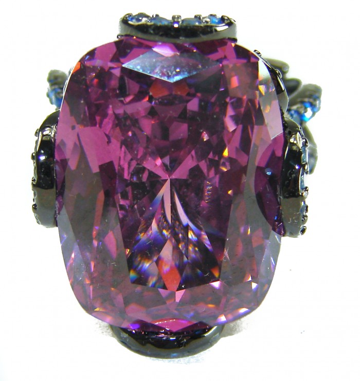 Stella Authentic 25.5 carat Pink Topaz Black rhodium over .925 Sterling Silver Handcrafted Ring size 7 adjustable - Close-up of Stella 25.5 carat pink topaz with black rhodium setting