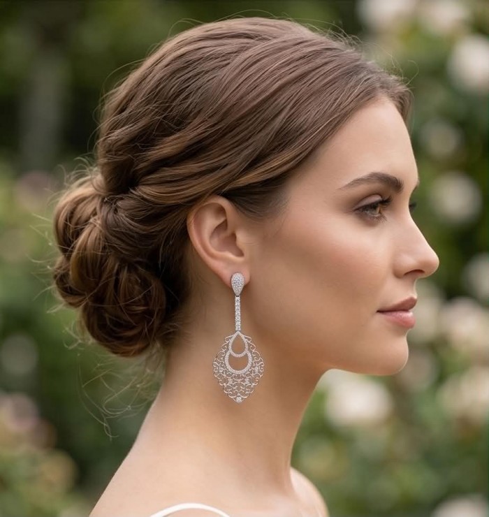 Pure Luxury 6.2 carat natural White Topaz .925 Sterling Silver handmade Statement earrings - Side view of woman wearing Pure Luxury 6.2 carat White Topaz earrings