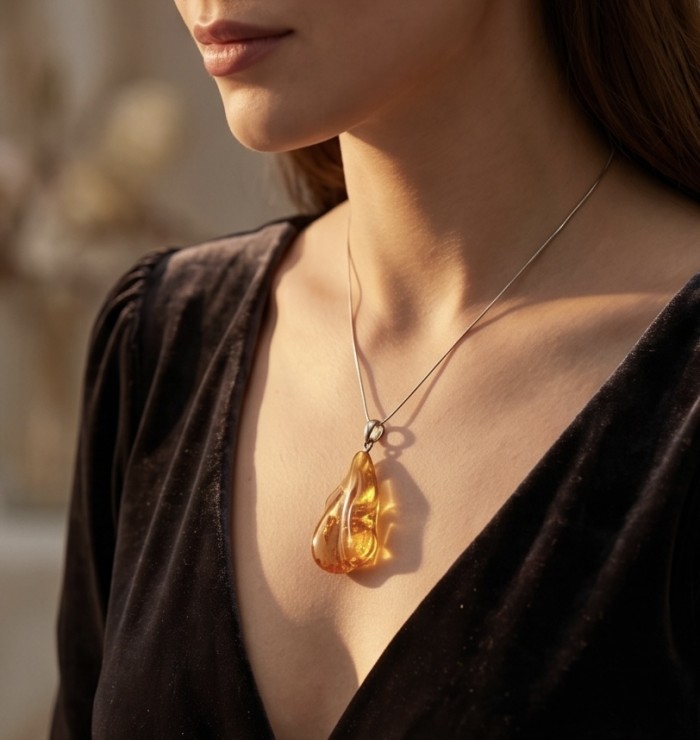 Prehistoric Authentic Golden Baltic Amber .925 Sterling Silver beautifully handcrafted Pendant - Golden Baltic amber necklace worn, close-up view