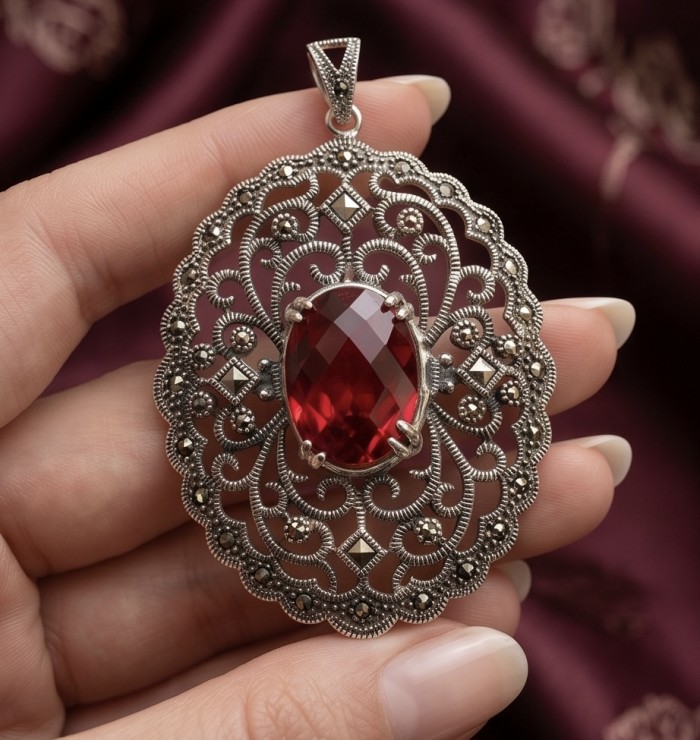 Retro Style - Precious - Genuine 14.5 carat Ruby .925 Sterling Silver handmade Pendant - Close-up of retro style pendant with a 14.5 carat ruby held in hand