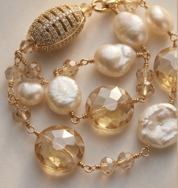 Rainbow Cascade Precious natural Blister Pearl 10K Gold over .925 Sterling Silver Necklace - Close-up of Rainbow Cascade Pearl necklace with gold and gem details