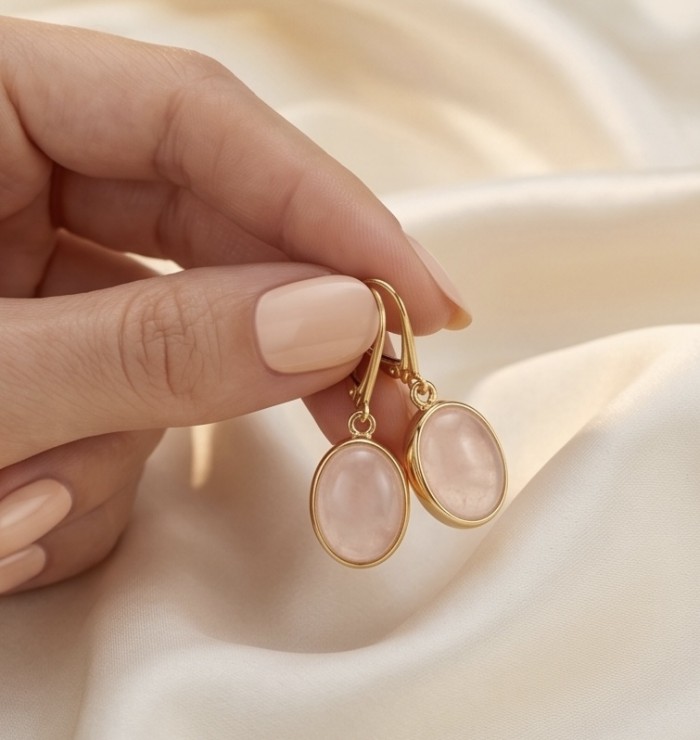 Authentic 10.2 carat Rose Quartz 14K Gold over .925 Silver handcrafted Statement earrings - Hand holding rose quartz earrings on satin fabric backdrop.