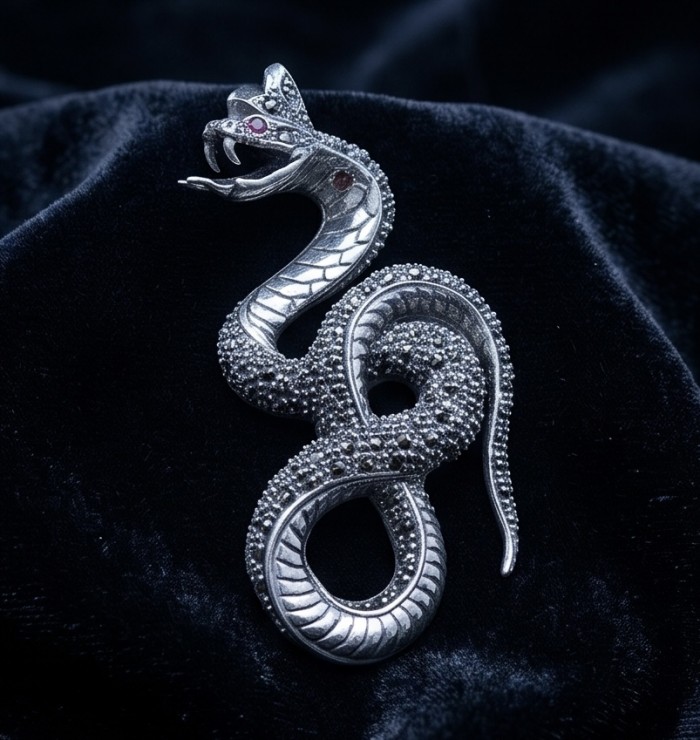 Large 2 5/8 inches long Cobra Snake genuine Marcasite .925 Sterling Silver handmade Pendant - Cobra snake marcasite brooch on black velvet, top view.