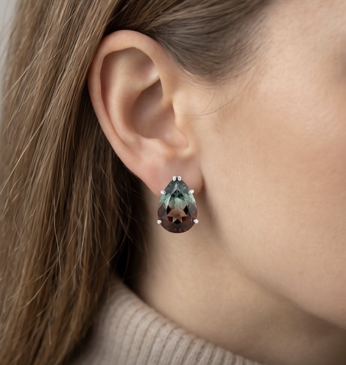 From dawn to dusk authentic 11.2 carat Brazilian Smoky Topaz .925 Sterling Silver handcrafted earrings - Side view of 11.2 carat Brazilian Smoky Topaz earring on ear.