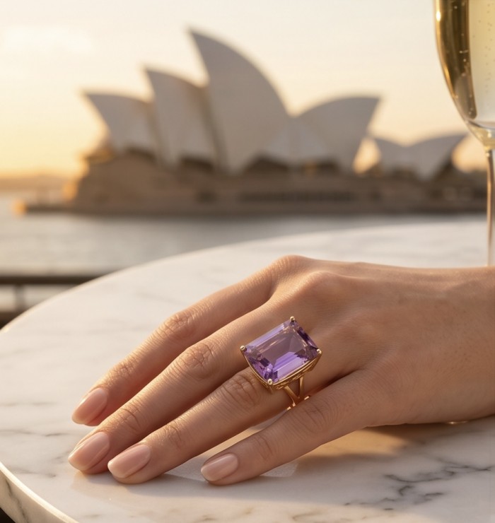 Empress of Uruguay 31.2 carat natural Amethyst .925 Sterling Silver dipped in 22K Gold Handcrafted Ring size 7 - Amethyst ring worn on hand, Sydney Opera House in background.