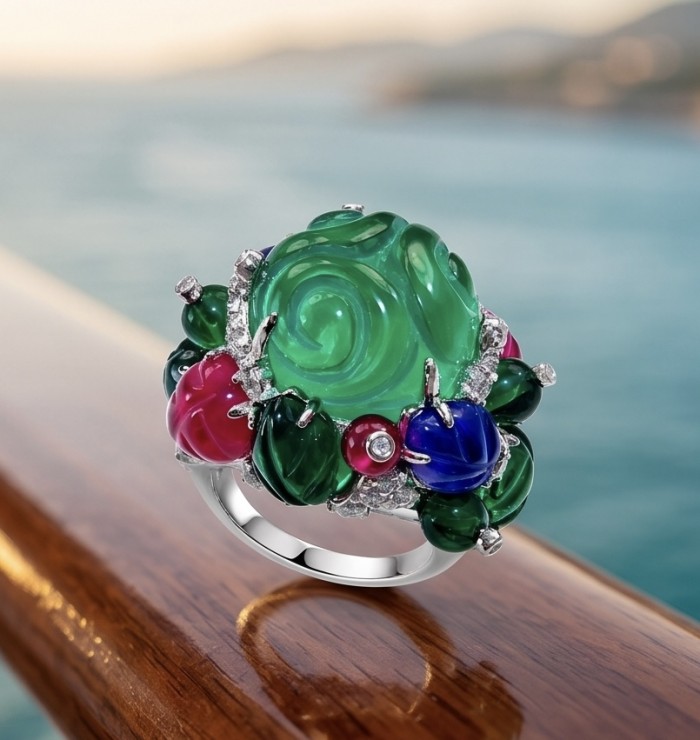 Large Natural 41.5 carat carved Emerald Ruby Sapphire rhodium over .925 Sterling Silver handcrafted ring size 8 1/4 - Close-up of a large carved emerald and gemstone ring on a wooden surface.