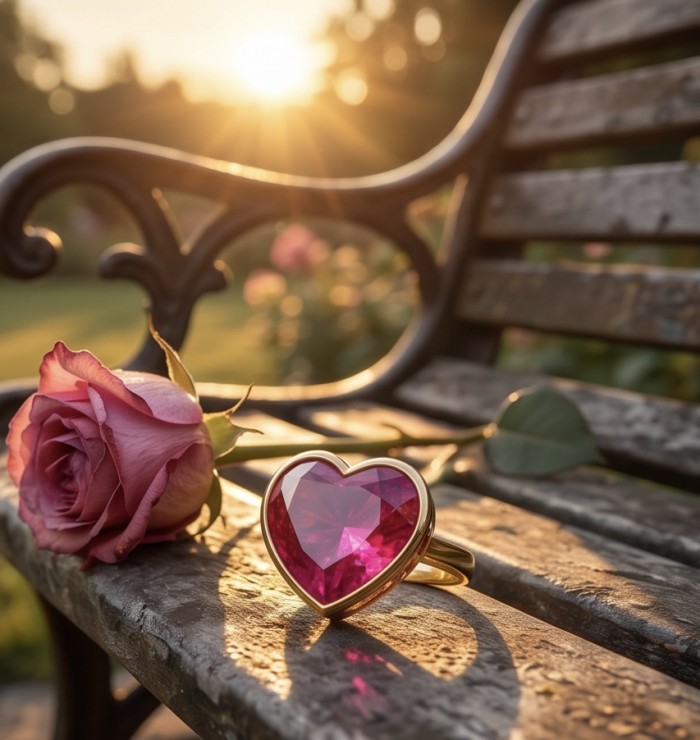 Always on my Mind Natural heart shape 22.7 carat Ruby .925 Sterling Silver dipped in 22K Gold handmade Statement Ring size 8 - Heart-shaped ruby ring with rose on a bench at sunset.